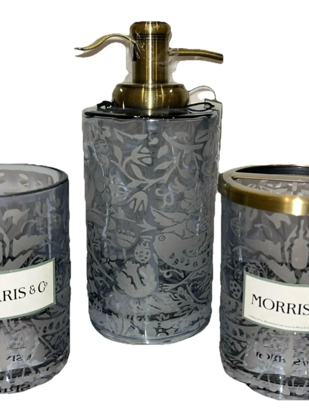 Morris & Co Strawberry Thief Tumbler Soap Pump Toothbrush Holder Etched Blue 3pc